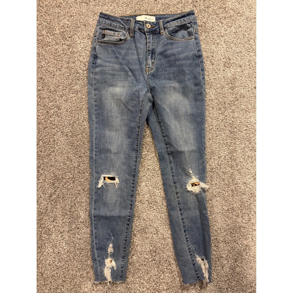 KanCan Jeans Womens 7/27 Blue Skinny Distressed Leopard Patch High Rise Denim